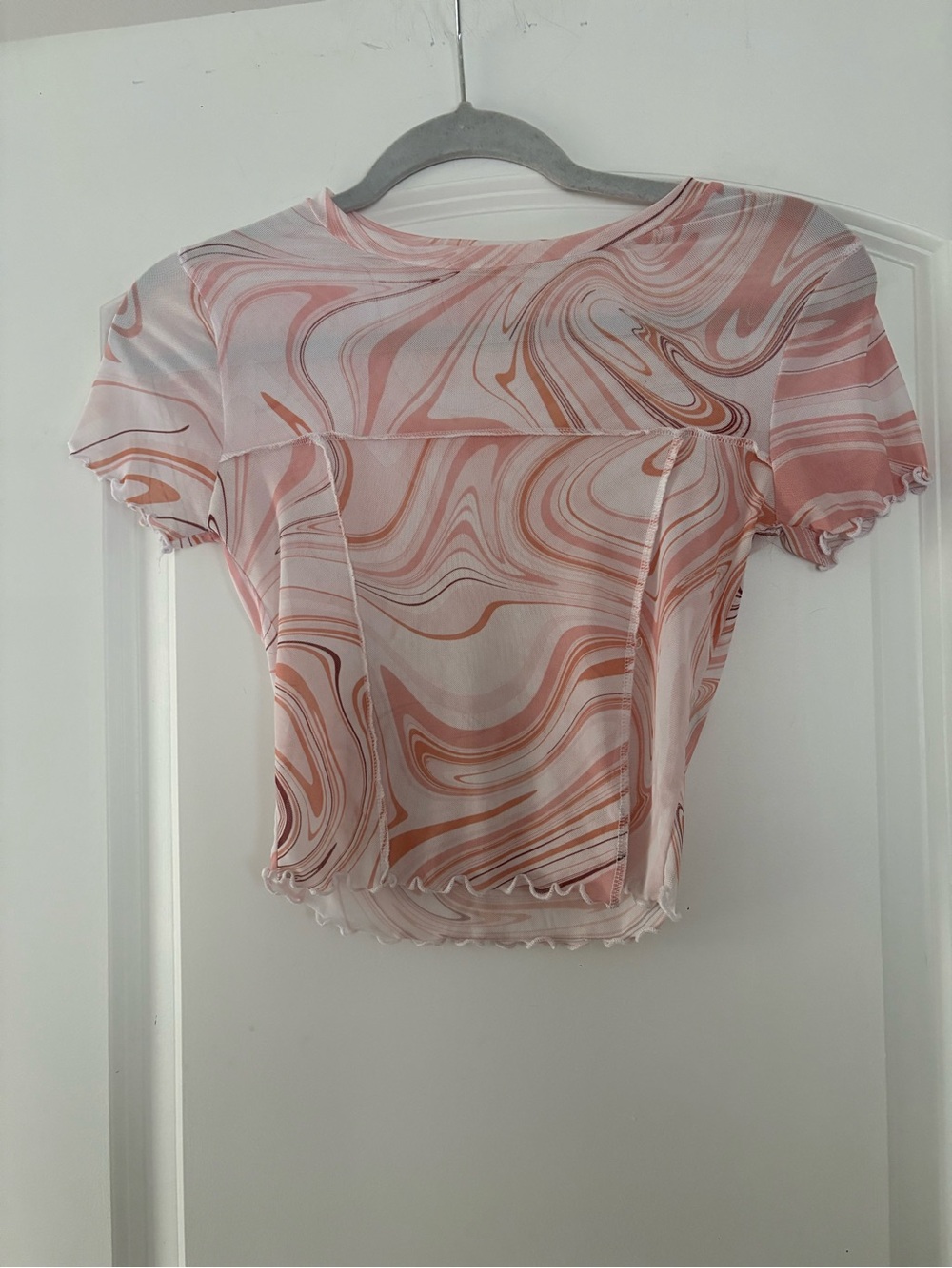 Women’s Pink Swirl Mesh Ruffle Hem Crop Top